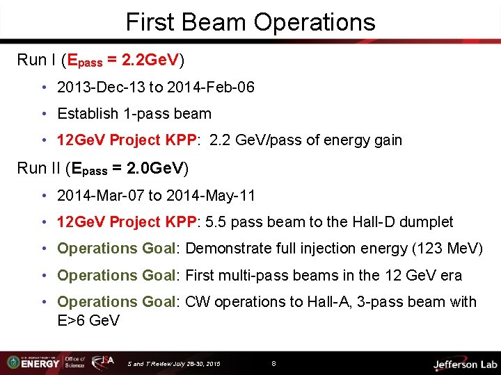First Beam Operations Run I (Epass = 2. 2 Ge. V) • 2013 -Dec-13
