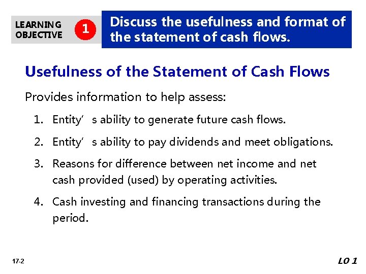 LEARNING OBJECTIVE 1 Discuss the usefulness and format of the statement of cash flows.