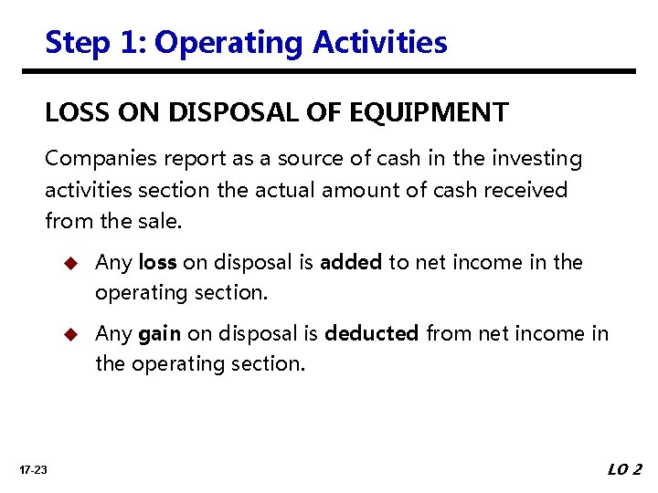 Step 1: Operating Activities LOSS ON DISPOSAL OF EQUIPMENT Companies report as a source