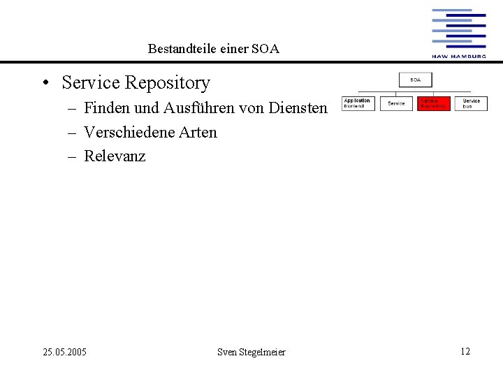 Bestandteile einer SOA • Service Repository – Finden und Ausführen von Diensten – Verschiedene