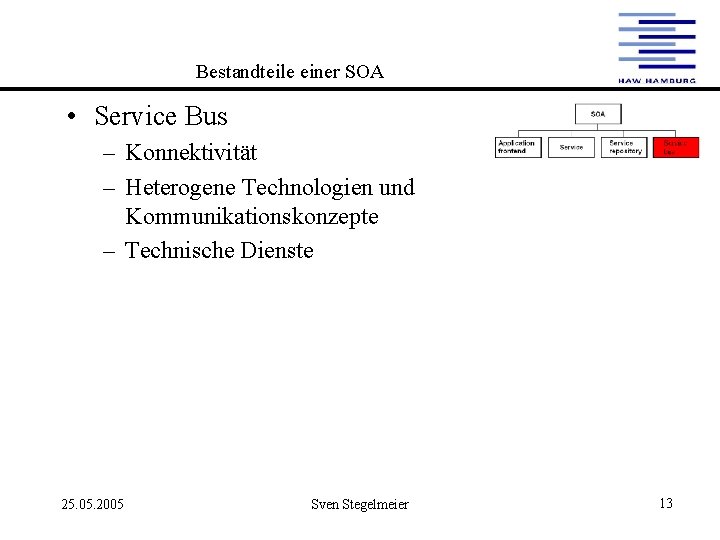 Bestandteile einer SOA • Service Bus – Konnektivität – Heterogene Technologien und Kommunikationskonzepte –