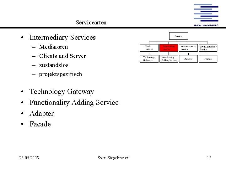 Servicearten • Intermediary Services – – • • Mediatoren Clients und Server zustandslos projektspezifisch