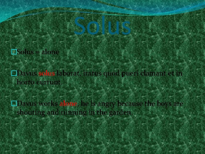 Solus �Solus = alone �Davus solus laborat, iratus quod pueri clamant et in horto