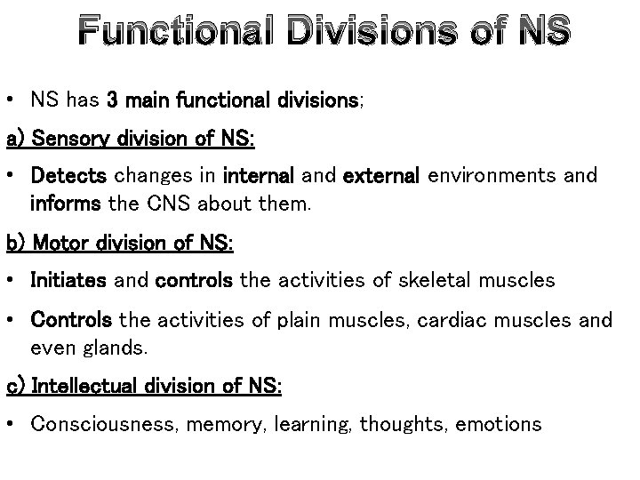 Functional Divisions of NS • NS has 3 main functional divisions; a) Sensory division