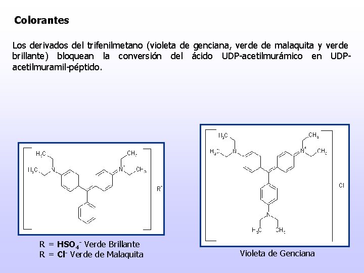 Colorantes Los derivados del trifenilmetano (violeta de genciana, verde de malaquita y verde brillante)