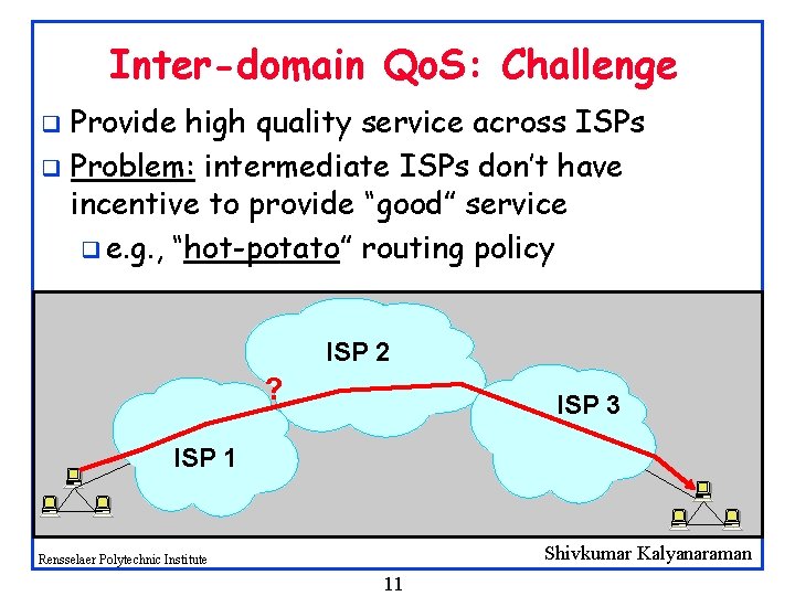 Inter-domain Qo. S: Challenge Provide high quality service across ISPs q Problem: intermediate ISPs