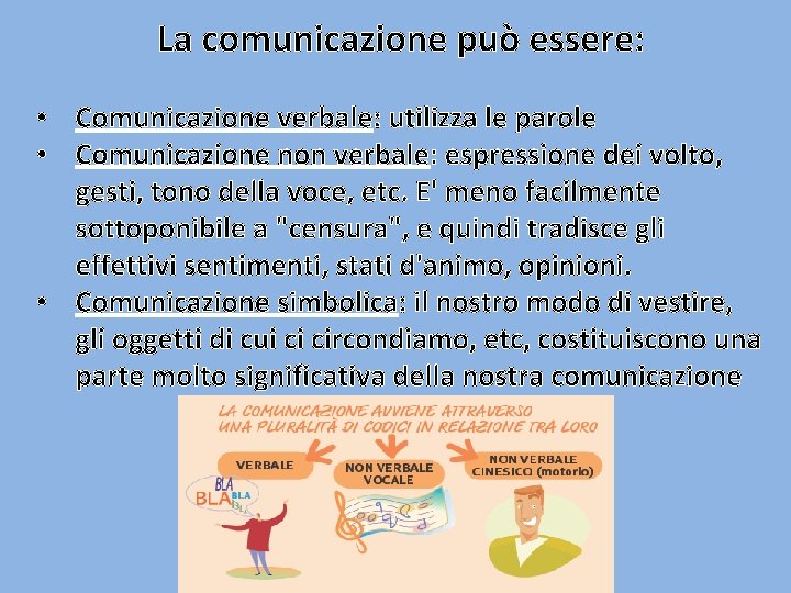 La comunicazione può essere: • Comunicazione verbale: utilizza le parole • Comunicazione non verbale: