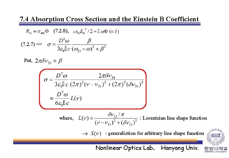 7. 4 Absorption Cross Section and the Einstein B Coefficient (7. 2. 8), (7.