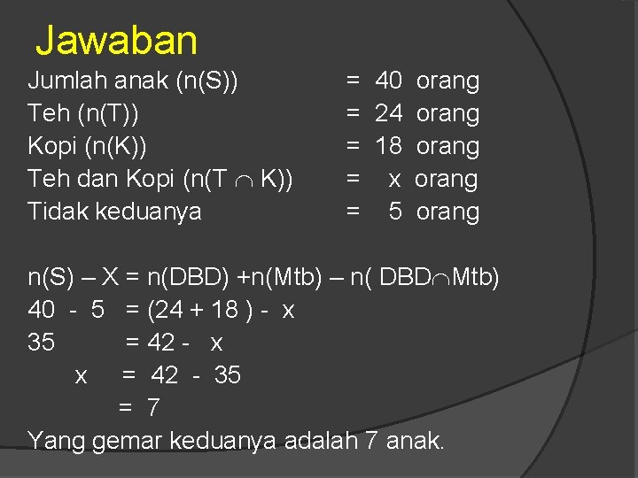 Jawaban Jumlah anak (n(S)) Teh (n(T)) Kopi (n(K)) Teh dan Kopi (n(T K)) Tidak