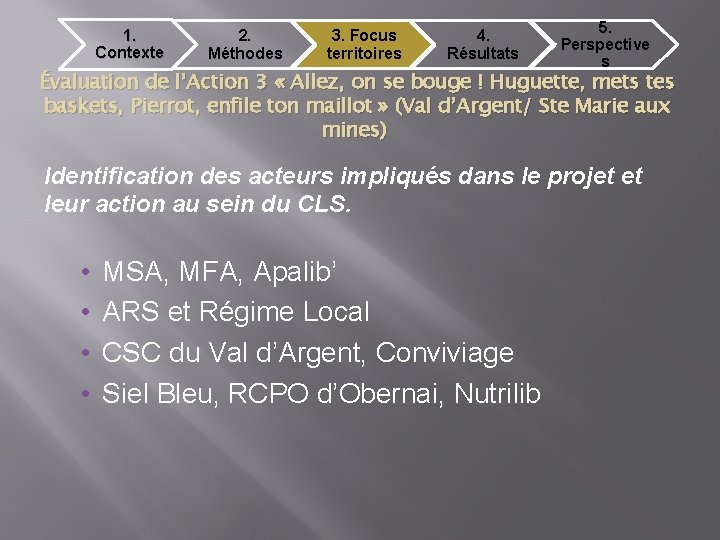 1. Contexte 2. Méthodes 3. Focus territoires 4. Résultats 5. Perspective s Évaluation de