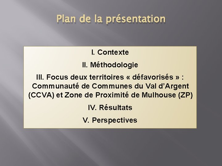 Plan de la présentation I. Contexte II. Méthodologie III. Focus deux territoires « défavorisés