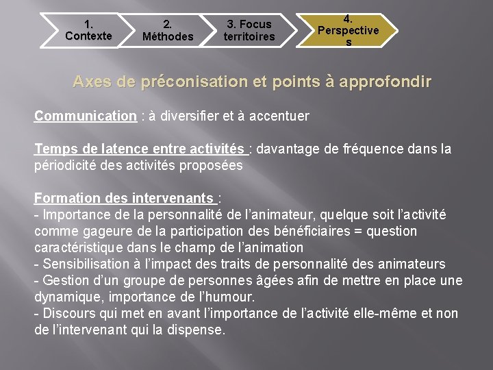 1. Contexte 2. Méthodes 3. Focus territoires 4. Perspective s Axes de préconisation et