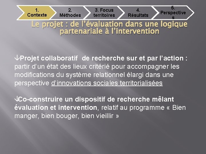 1. Contexte 2. Méthodes 3. Focus territoires 4. Résultats 5. Perspective s Le projet