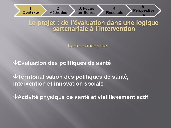 1. Contexte 2. Méthodes 3. Focus territoires 4. Résultats 5. Perspective s Le projet