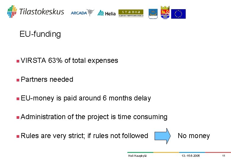 EU-funding n VIRSTA 63% of total expenses n Partners needed n EU-money is paid