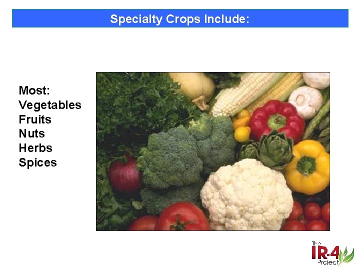 Specialty Crops Include: Most: Vegetables Fruits Nuts Herbs Spices 