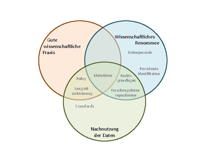 Wissenschaftliches Renommee Gute wissenschaftliche Praxis Datenjournale Metadaten Policy Langzeitarchivierung Rechtsgrundlagen Persistente Identifikation Forschungsdatenrepositorium Standards