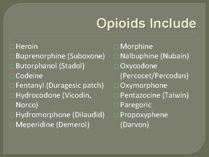 Opioids Include � Heroin � Buprenorphine (Suboxone) � Butorphanol (Stadol) � Codeine � Fentanyl