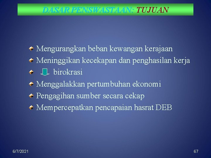 DASAR PENSWASTAAN: TUJUAN Mengurangkan beban kewangan kerajaan Meninggikan kecekapan dan penghasilan kerja birokrasi Menggalakkan