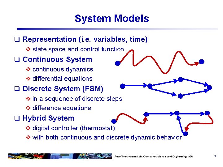 System Models q Representation (i. e. variables, time) v state space and control function