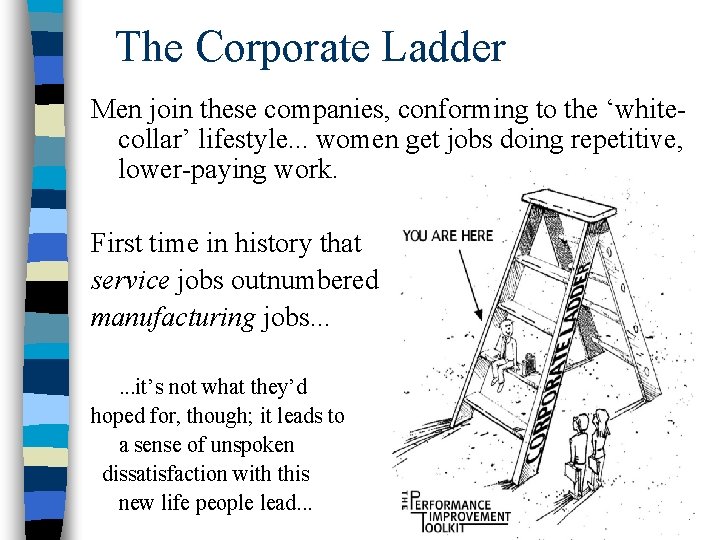 The Corporate Ladder Men join these companies, conforming to the ‘whitecollar’ lifestyle. . .