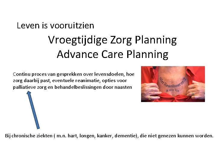 Leven is vooruitzien Vroegtijdige Zorg Planning Advance Care Planning Continu proces van gesprekken over