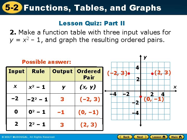 5 -2 Functions, Tables, and Graphs Lesson Quiz: Part II 2. Make a function 5 -2 Functions, Tables, and Graphs Lesson Quiz: Part II 2. Make a function