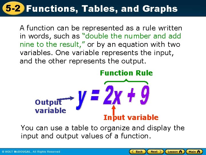 5 -2 Functions, Tables, and Graphs A function can be represented as a rule 5 -2 Functions, Tables, and Graphs A function can be represented as a rule
