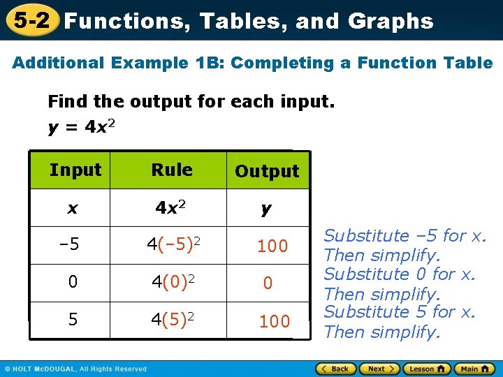 5 -2 Functions, Tables, and Graphs Additional Example 1 B: Completing a Function Table 5 -2 Functions, Tables, and Graphs Additional Example 1 B: Completing a Function Table