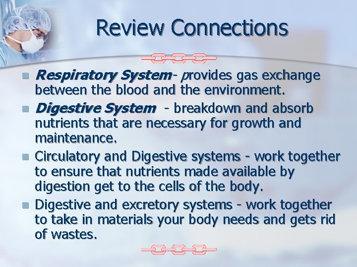 Review Connections n n Respiratory System- provides gas exchange between the blood and the