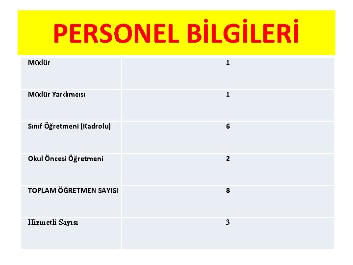 PERSONEL BİLGİLERİ Müdür 1 Müdür Yardımcısı 1 Sınıf Öğretmeni (Kadrolu) 6 Okul Öncesi Öğretmeni