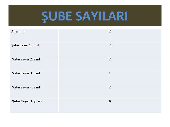 ŞUBE SAYILARI Anasınıfı Şube Sayısı 1. Sınıf 2 1 Şube Sayısı 2. Sınıf 2