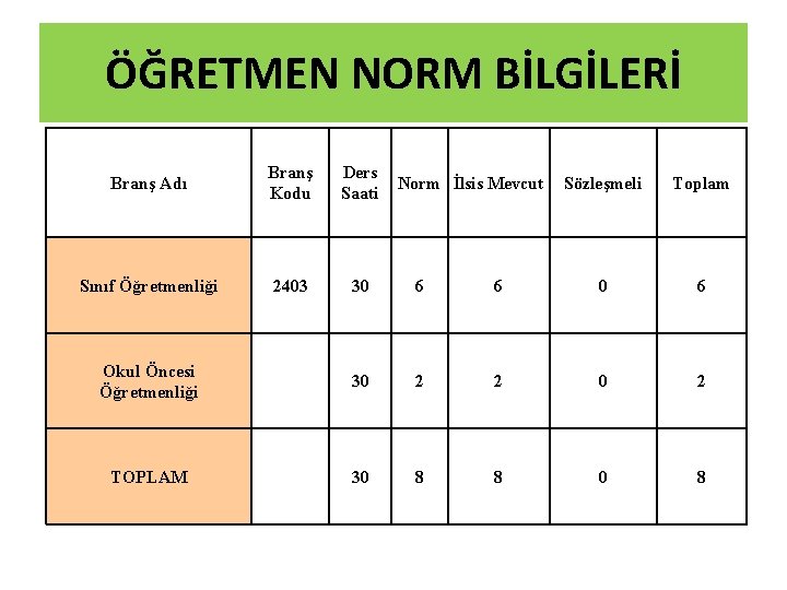 ÖĞRETMEN NORM BİLGİLERİ Branş Adı Branş Kodu Ders Saati Sınıf Öğretmenliği 2403 30 6