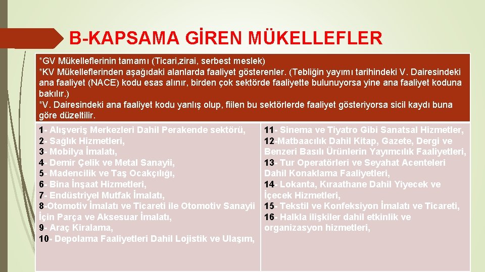 B-KAPSAMA GİREN MÜKELLEFLER *GV Mükelleflerinin tamamı (Ticari, zirai, serbest meslek) *KV Mükelleflerinden aşağıdaki alanlarda