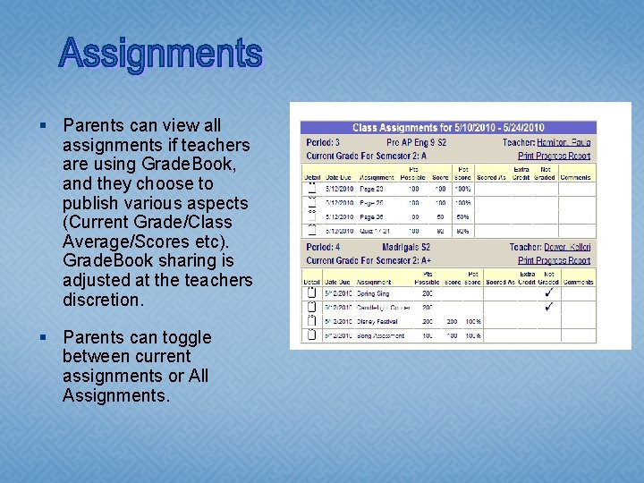 § Parents can view all assignments if teachers are using Grade. Book, and they