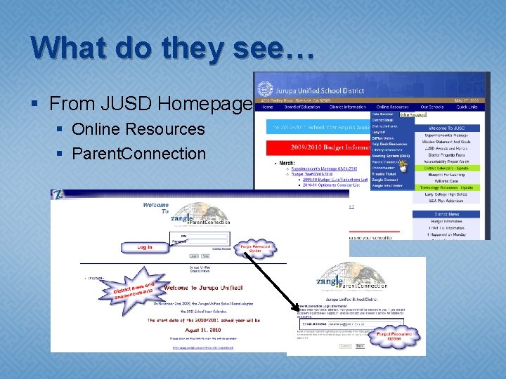 What do they see… § From JUSD Homepage § Online Resources § Parent. Connection