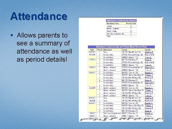 Attendance § Allows parents to see a summary of attendance as well as period