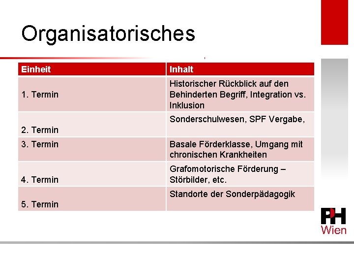 Organisatorisches Einheit Inhalt 1. Termin Historischer Rückblick auf den Behinderten Begriff, Integration vs. Inklusion