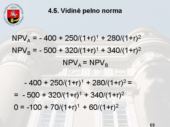 4. 5. Vidinė pelno norma NPVA = - 400 + 250/(1+r)1 + 280/(1+r)2 NPVB