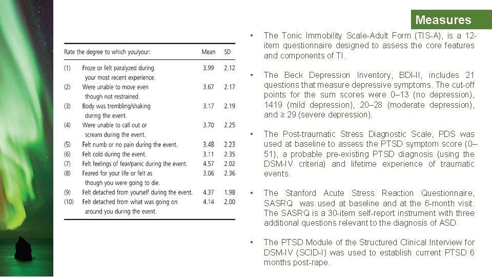 Measures • The Tonic Immobility Scale-Adult Form (TIS-A), is a 12 item questionnaire designed