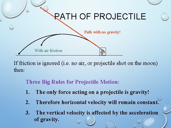 PATH OF PROJECTILE Path with no gravity! With air friction If friction is ignored PATH OF PROJECTILE Path with no gravity! With air friction If friction is ignored
