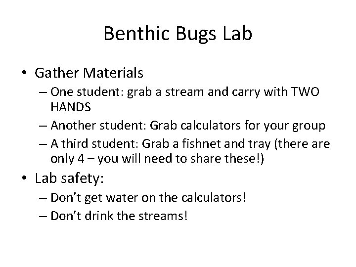 Benthic Bugs Lab • Gather Materials – One student: grab a stream and carry