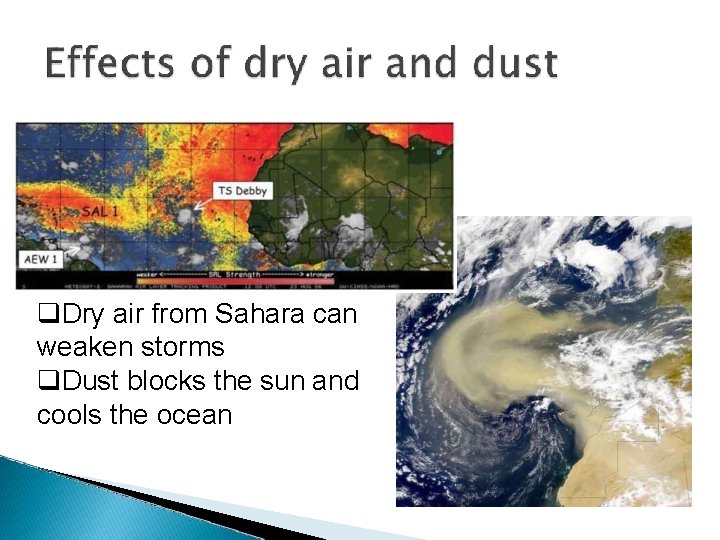  Dry air from Sahara can weaken storms Dust blocks the sun and cools