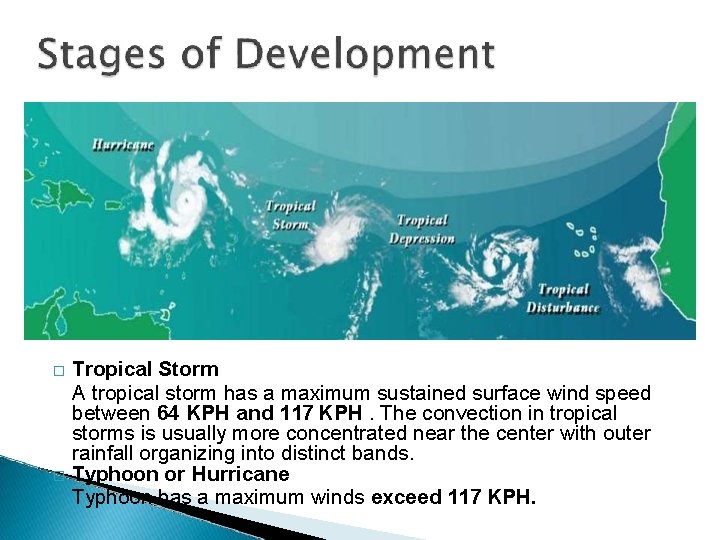 Tropical Storm A tropical storm has a maximum sustained surface wind speed between 64