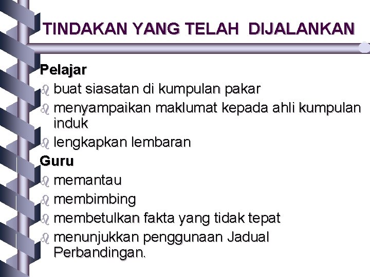 TINDAKAN YANG TELAH DIJALANKAN Pelajar b buat siasatan di kumpulan pakar b menyampaikan maklumat