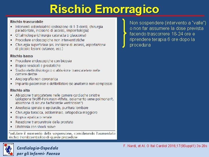 Rischio Emorragico Non sospendere (intervento a “valle”) o non far assumere la dose prevista