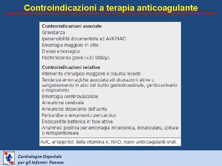 Controindicazioni a terapia anticoagulante Cardiologia-Ospedale per gli Infermi- Faenza 