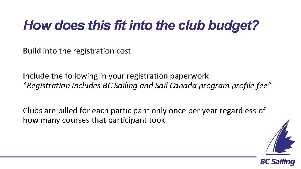 How does this fit into the club budget? Build into the registration cost Include