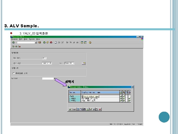 3. ALV Sample. 3. YALV_03 입력화면 선택시 3. ALV Sample. 3. YALV_03 입력화면 선택시