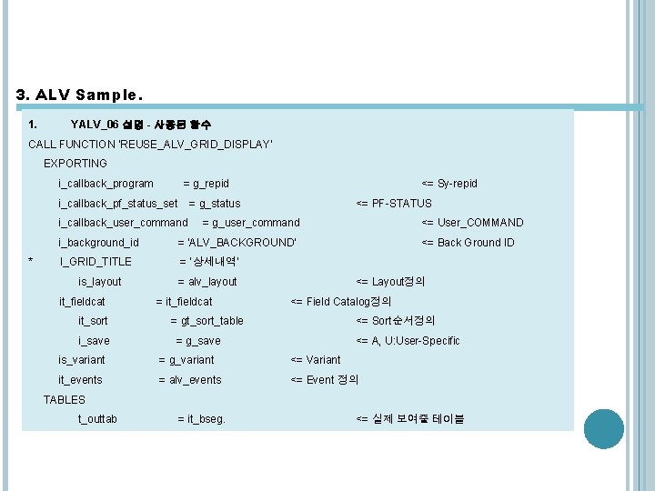 3. ALV Sample. 1. YALV_06 설명 - 사용된 함수 CALL FUNCTION 'REUSE_ALV_GRID_DISPLAY' EXPORTING i_callback_program 3. ALV Sample. 1. YALV_06 설명 - 사용된 함수 CALL FUNCTION 'REUSE_ALV_GRID_DISPLAY' EXPORTING i_callback_program